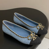 Women's Light Blue Denim Diamond Quilting Chain Bow Ballet Flats |G02819