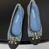 Women's Light Blue Denim Diamond Quilting Chain Bow Ballet Flats |G02819