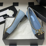Women's Light Blue Denim Diamond Quilting Chain Bow Ballet Flats |G02819