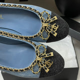 Women's Light Blue Denim Diamond Quilting Chain Bow Ballet Flats |G02819