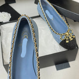 Women's Light Blue Denim Diamond Quilting Chain Bow Ballet Flats |G02819
