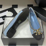 Women's Light Blue Denim Diamond Quilting Chain Bow Ballet Flats |G02819