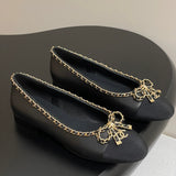 Women's Sheepskin and Patent Leather Patchwork Ballet Flats with Chain Detail in Black| G46663