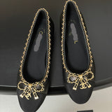 Women's Sheepskin and Patent Leather Patchwork Ballet Flats with Chain Detail in Black| G46663