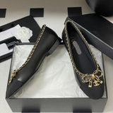Women's Sheepskin and Patent Leather Patchwork Ballet Flats with Chain Detail in Black| G46663