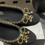 Women's Sheepskin and Patent Leather Patchwork Ballet Flats with Chain Detail in Black| G46663