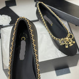 Women's Sheepskin and Patent Leather Patchwork Ballet Flats with Chain Detail in Black| G46663