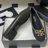 Women's Sheepskin and Patent Leather Patchwork Ballet Flats with Chain Detail in Black| G46663