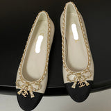 Women's Light Apricot & Black Chain Bow Ballet Flats G02819