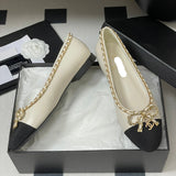 Women's Light Apricot & Black Chain Bow Ballet Flats G02819