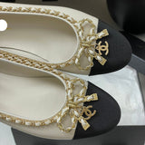 Women's Light Apricot & Black Chain Bow Ballet Flats G02819