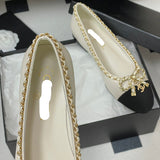 Women's Light Apricot & Black Chain Bow Ballet Flats G02819