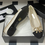 Women's Light Apricot & Black Chain Bow Ballet Flats G02819