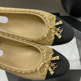 Women's Beige Lambskin Chain-Detailed Two-Tone Bow Ballet Flats |G46663