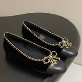 Women's Black Sheepskin and Patent Leather Two-Tone Chain Bow Flat Ballet Flats G02819