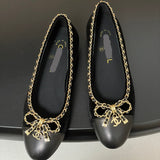 Women's Black Sheepskin and Patent Leather Two-Tone Chain Bow Flat Ballet Flats G02819