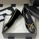 Women's Black Sheepskin and Patent Leather Two-Tone Chain Bow Flat Ballet Flats G02819