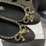 Women's Black Sheepskin and Patent Leather Two-Tone Chain Bow Flat Ballet Flats G02819
