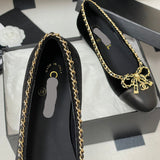 Women's Black Sheepskin and Patent Leather Two-Tone Chain Bow Flat Ballet Flats G02819