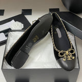 Women's Black Sheepskin and Patent Leather Two-Tone Chain Bow Flat Ballet Flats G02819