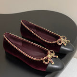 Women's Burgundy Velvet Leather Chain Bow Two-Tone Ballet Flats |G26250