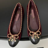 Women's Burgundy Velvet Leather Chain Bow Two-Tone Ballet Flats |G26250