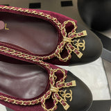 Women's Burgundy Velvet Leather Chain Bow Two-Tone Ballet Flats |G26250