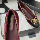 Women's Burgundy Velvet Leather Chain Bow Two-Tone Ballet Flats |G26250