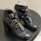 Women's Three-Buckle/Three-Strap Black Lambskin Chunky-Heel Mary Jane Shoes |G47256 X01000 94305