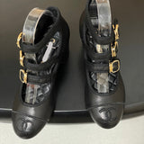 Women's Three-Buckle/Three-Strap Black Lambskin Chunky-Heel Mary Jane Shoes |G47256 X01000 94305