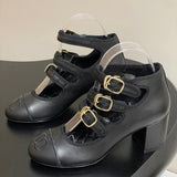 Women's Three-Buckle/Three-Strap Black Lambskin Chunky-Heel Mary Jane Shoes |G47256 X01000 94305