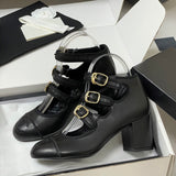 Women's Three-Buckle/Three-Strap Black Lambskin Chunky-Heel Mary Jane Shoes |G47256 X01000 94305