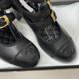 Women's Three-Buckle/Three-Strap Black Lambskin Chunky-Heel Mary Jane Shoes |G47256 X01000 94305