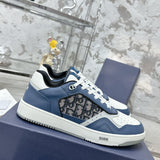 B27 Men's Low-Top Sneakers Blue, Cream White, and Gray Smooth Cowhide Leather with Beige and Black Oblique Print Fabric |3SN272ZIR_H568