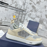 B27 Men's Low-Top Sneakers in Gray and White Smooth Calf Leather with Beige and Black  Oblique Jacquard Fabric |3SN272ZIR_H165