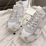Women's Chrono Sneakers White Mesh Fabric with Silver and White Laminated Leather Effect Panels| KCK473TXX_S46W