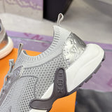 Women's Run 55 Sneakers in Grey and Silver Technical Mesh and Smooth Calfskin |1ABVJ4