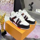 Men's Trainer Sneakers in White, Black, and Red Color Blocking Grain Calfskin| 1AD7JW