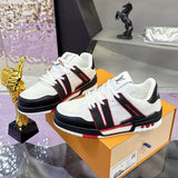 Men's Trainer Sneakers in White, Black, and Red Color Blocking Grain Calfskin| 1AD7JW