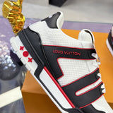 Men's Trainer Sneakers in White, Black, and Red Color Blocking Grain Calfskin| 1AD7JW