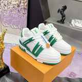 Couple's Trainer Sneakers in White and Green Grained Calfskin (Women's)| 1AHWSD
