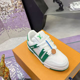 Couple's Trainer Sneakers in White and Green Grained Calfskin (Women's)| 1AHWSD