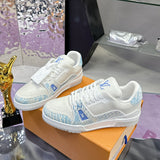 Men's Trainer Sneakers in White and Blue Grained Calfskin with Patchwork Design |1A8AI1
