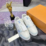 Men's Trainer Sneakers in White and Blue Grained Calfskin with Patchwork Design |1A8AI1