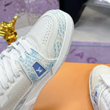 Men's Trainer Sneakers in White and Blue Grained Calfskin with Patchwork Design |1A8AI1