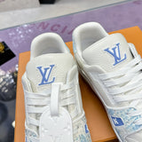 Men's Trainer Sneakers in White and Blue Grained Calfskin with Patchwork Design |1A8AI1